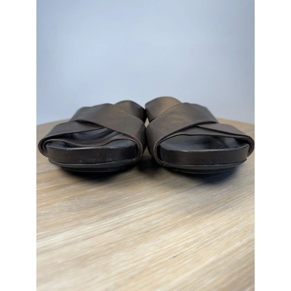 Sacco Bucci italy Mens 10 Pebbled Leather Slides Criss Cross Platform Brown